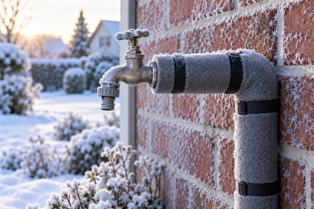 Gedämmter Außenwasserhahn an einer Ziegelwand im Schnee – Frostschutz in Memmingen