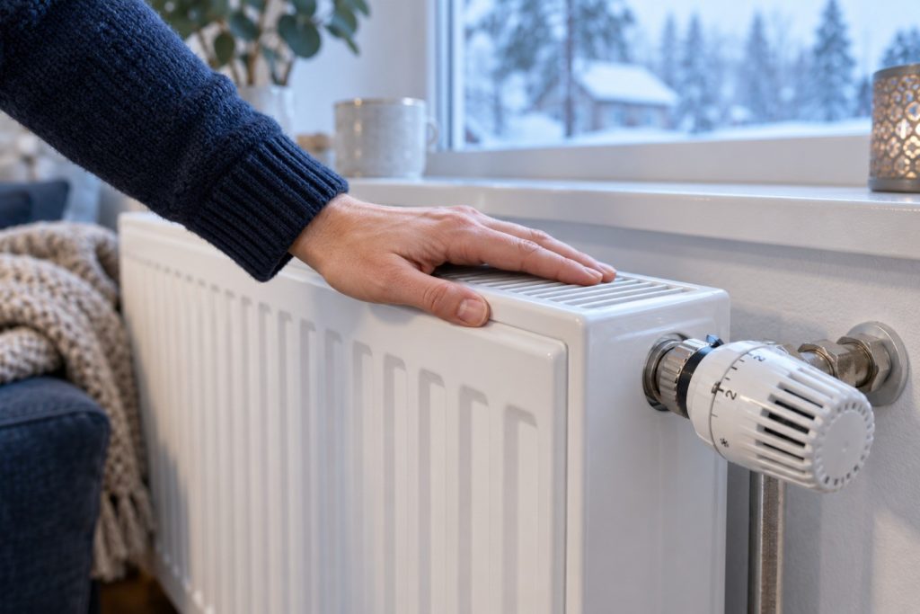 Hand auf einem kalten Heizkörper, draußen Winter – Heizung bleibt kalt in Memmingen