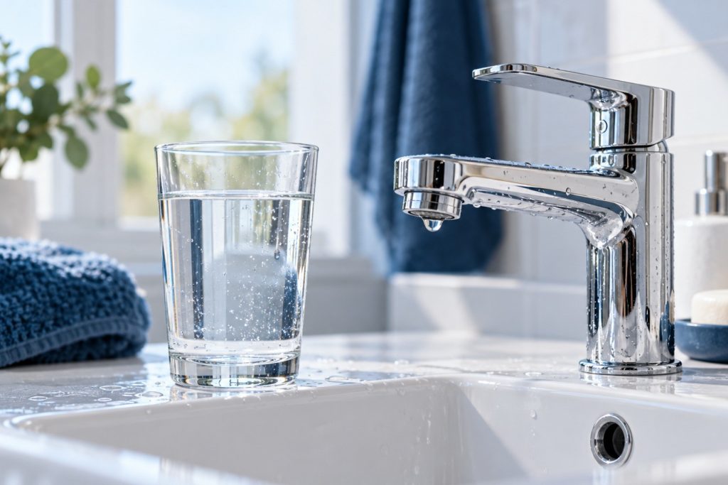Wasserglas neben einer verkalkten Armatur – Wasserhärte und Kalk in Memmingen