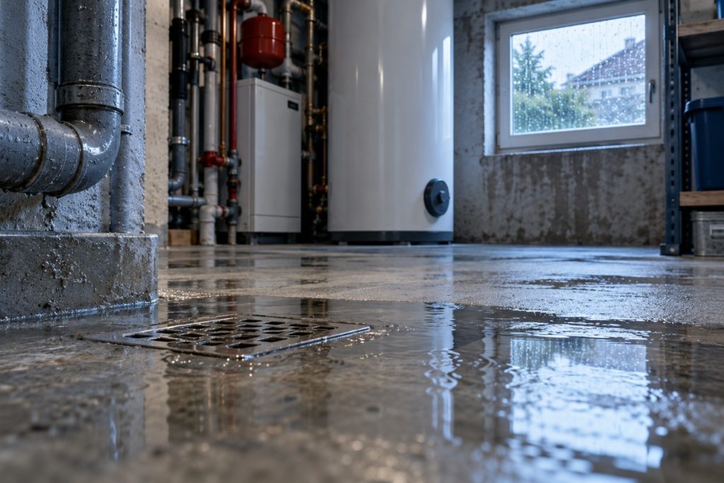 Wasser steht auf dem Kellerboden um den Bodenablauf – Rückstau bei Starkregen in Memmingen