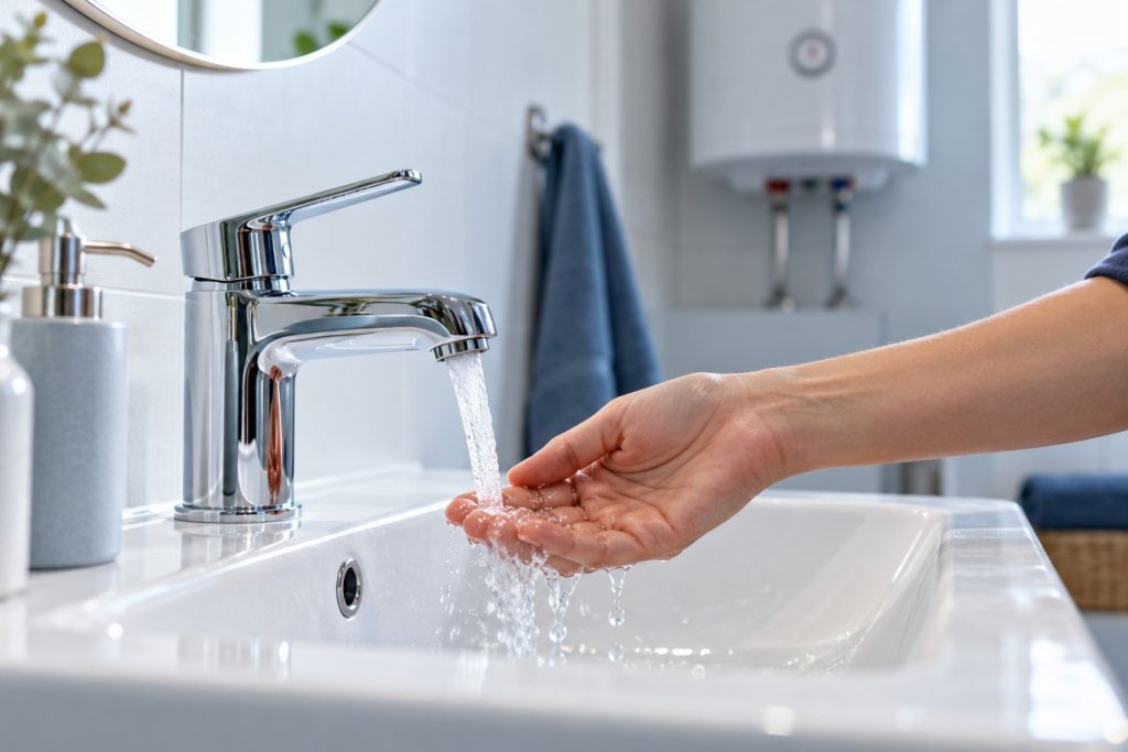 Hand prüft das Wasser aus dem Hahn, dahinter ein Warmwasserspeicher – kein warmes Wasser in Memmingen