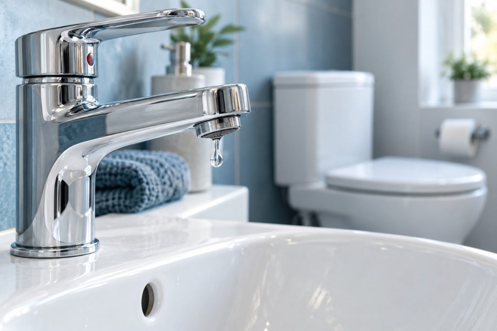 Tropfender Wasserhahn, im Hintergrund das WC – tropfende Armatur in Memmingen