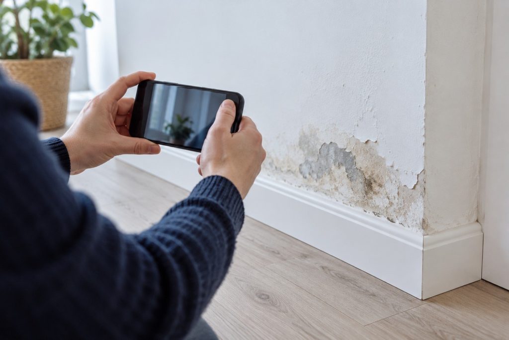 Hand fotografiert mit dem Smartphone eine feuchte Wand – Wasserschaden in Memmingen dokumentieren